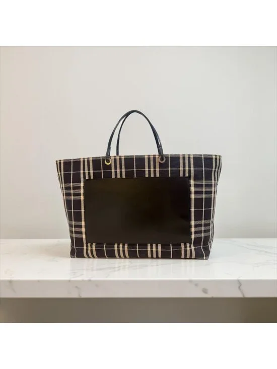 VTG Burberry Nova Check Tote XL Black Leather Cotton Canvas Open Top Bag Italy - Picture 10 of 10